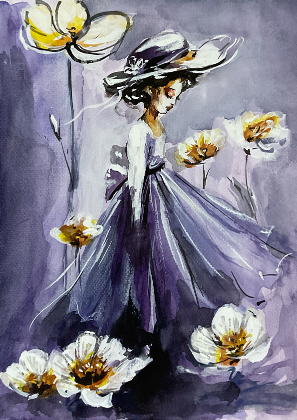 Girl With Lilac Dress Water Color Painting